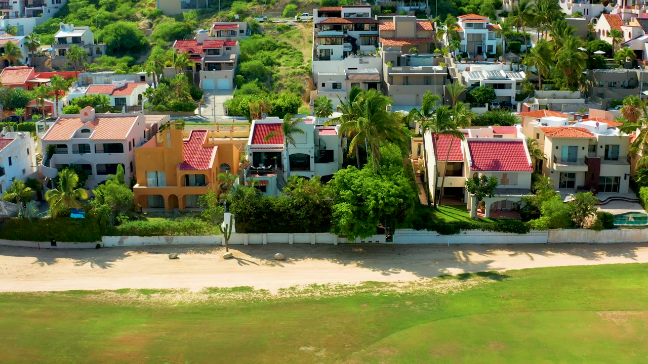 Sunlit homes with palms above a quiet beach.