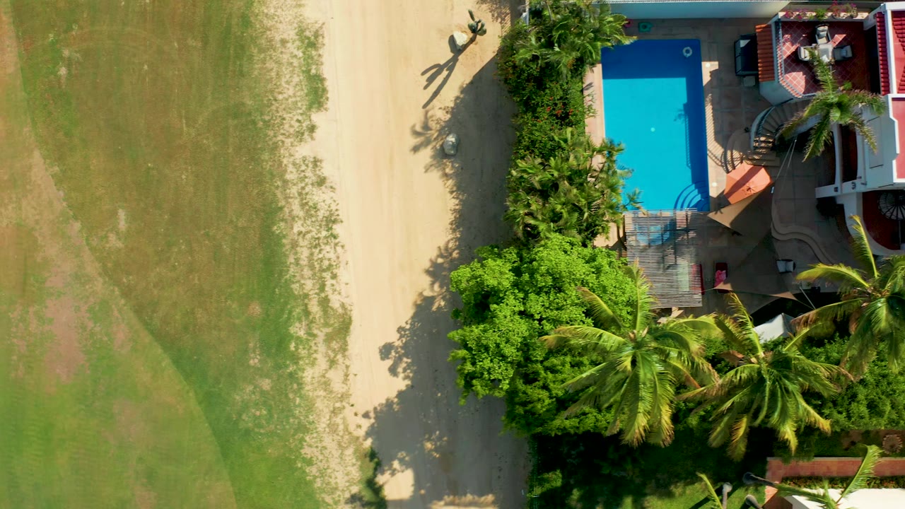 Aerial view of field, dirt path, garden, palms, and pool edge.