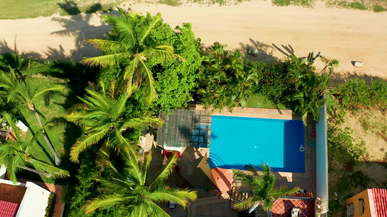 Overhead aerial frame in San Jose del Cabo showing a bright blue pool, palm trees, sandy beach strip, red roof edges, and no visible people.