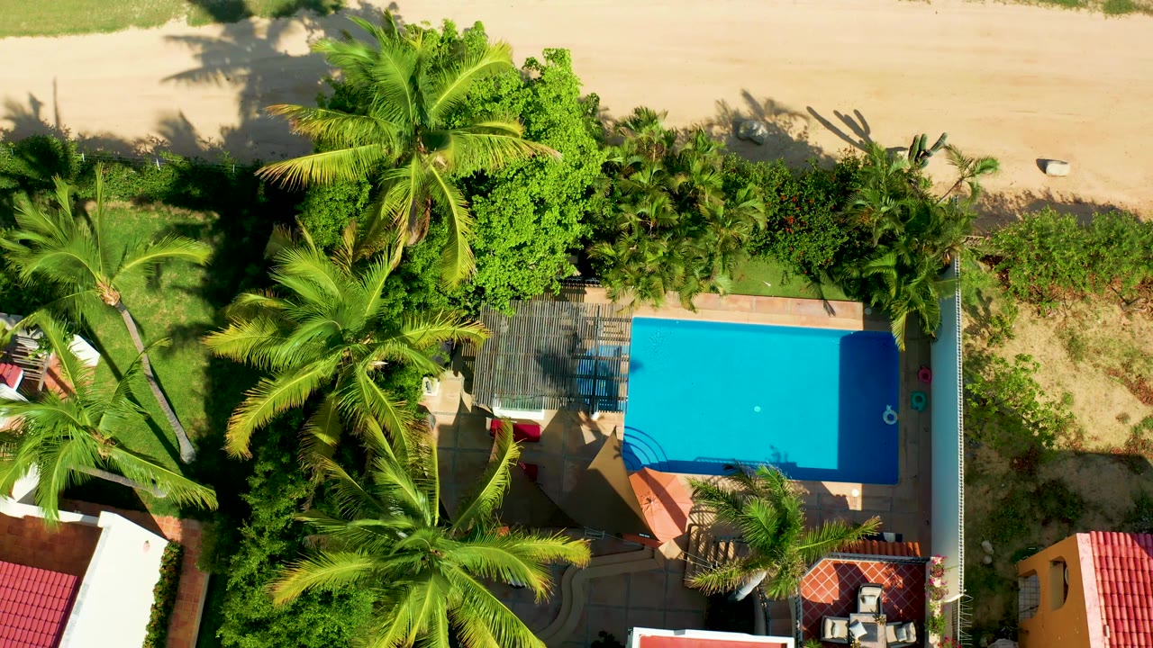 Overhead frame of a pool, palm trees, sandy beach, and red-roof buildings.