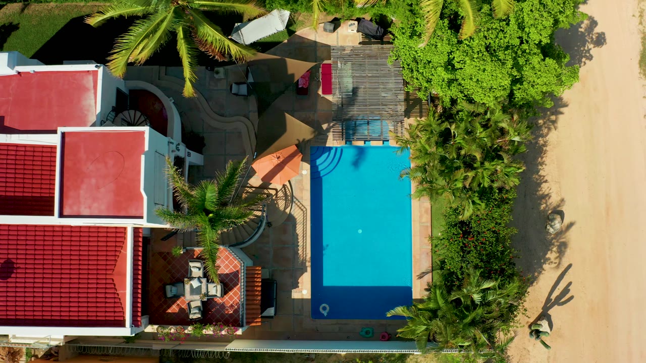 Third San Jose Del Cabo frame shows the rectangular blue pool beside dense palms and red-roofed buildings, with the sandy road clear on the right and no visible people.