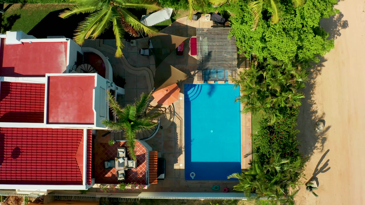 Straight-down aerial of red roof structures, pool, palms, patio seating, and road.