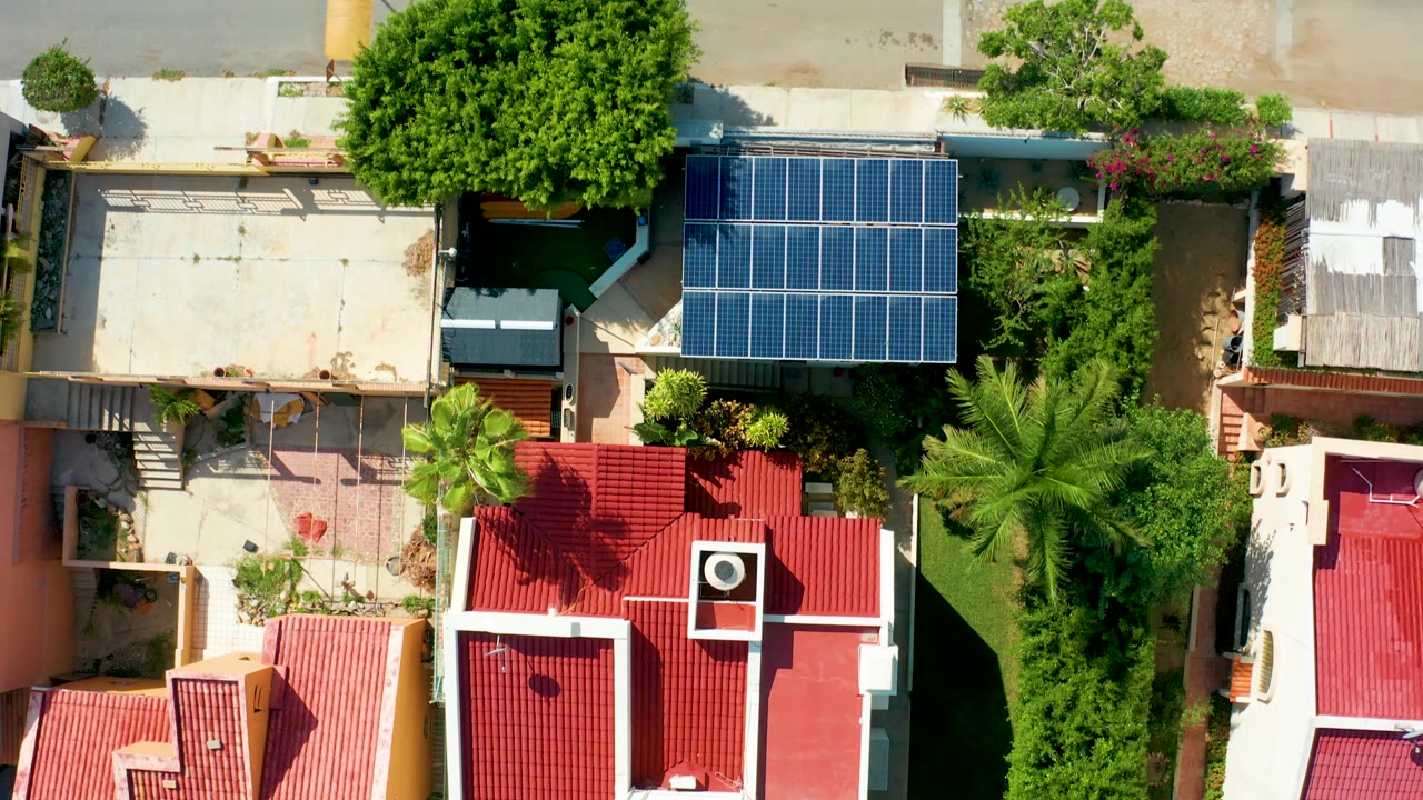 San Jose Del Cabo aerial still with a broad leafy tree, rooftop solar panels, red roofs, garden strips, a pale road edge, and no visible people.