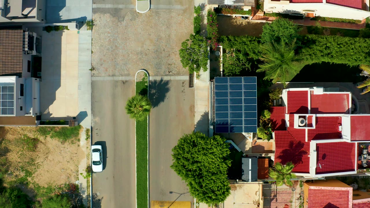 Overhead frame in San Jose del Cabo with the street running vertically, the white car at left, solar panels near center, red roof sections to the right, dense green trees, and no visible people.