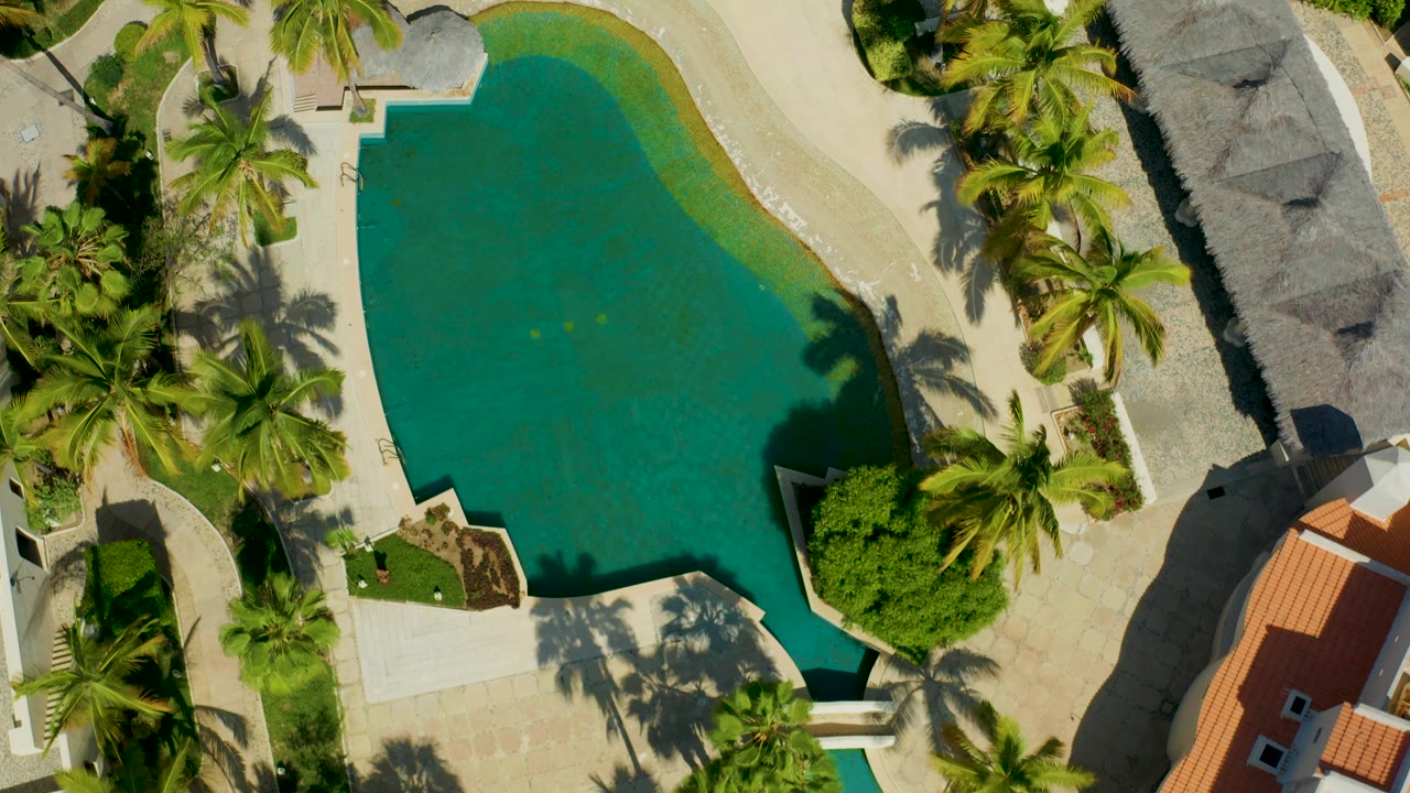 The San Jose Del Cabo resort pool remains centered from above, with bright sun on beige paths, palm shadows crossing the deck, and no visible people.