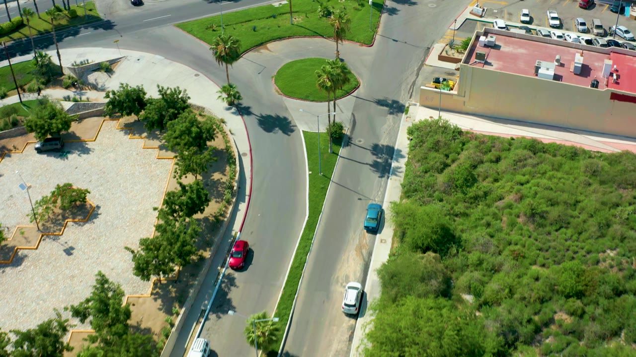 Overhead frame from San Jose Del Cabo, Baja California Sur, showing a curved road, gravel landscaping, green brush, parked cars, palm shadows, and no visible people.
