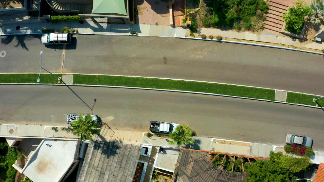 Top-down San Jose Del Cabo street view with the white van near the upper left, parked cars beside homes, palms and shrubs casting shadows, a grass median, and no visible people.