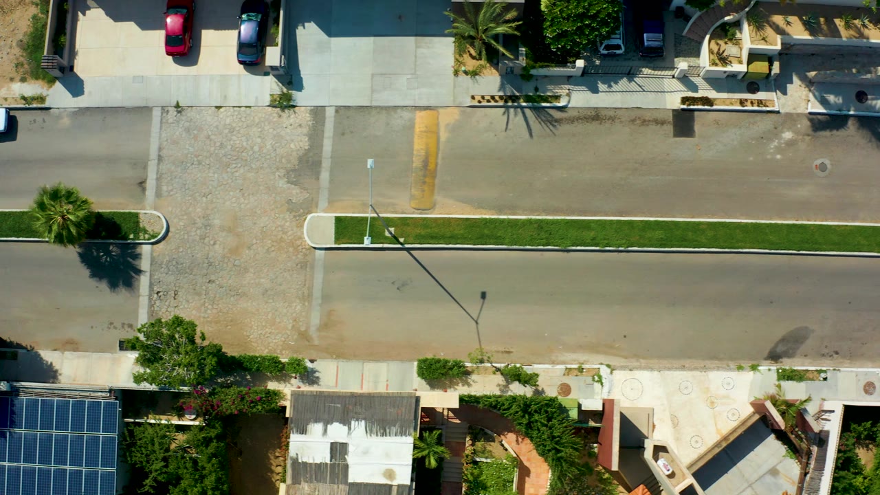Aerial street view with median grass, sidewalks, palms, and rooftops.