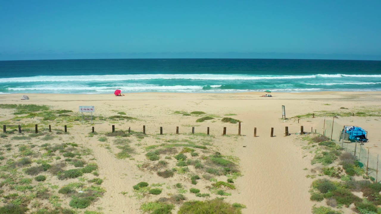 At 0:03, the Cerritos Beach drone frame shows the dune scrub filling more of the lower view, with fence posts and beach signs in the middle distance, white surf beyond, a red umbrella on the beach, a blue structure at right, and no visible people.