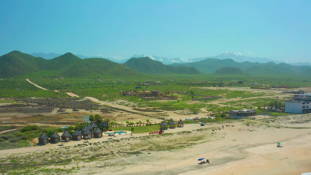 Wide drone view of huts, a turquoise pool, dirt tracks, vehicles, green hills, and mountains.