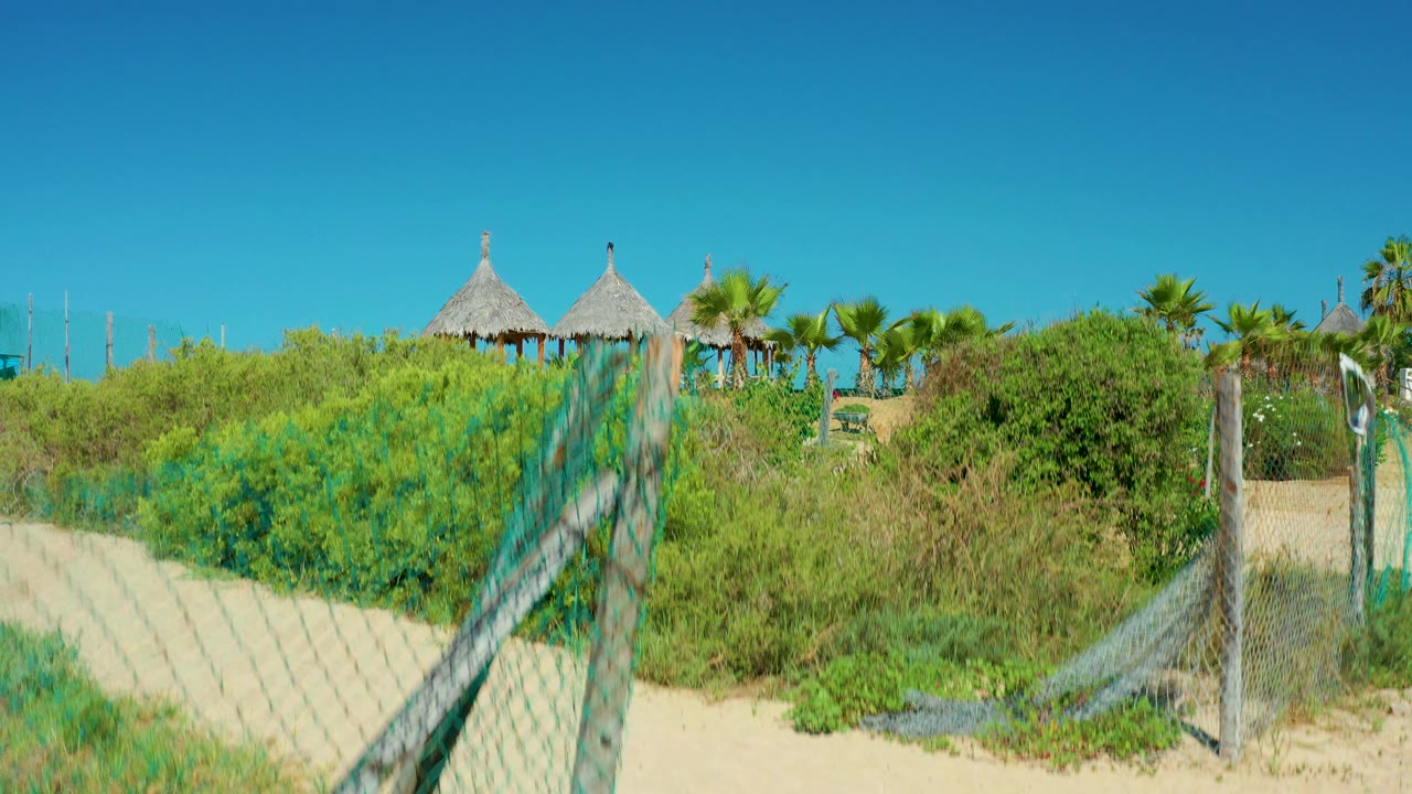 Cerritos Beach frame with a chain-link fence in the foreground, dense dune vegetation, thatched huts beyond the greenery, and no visible people.