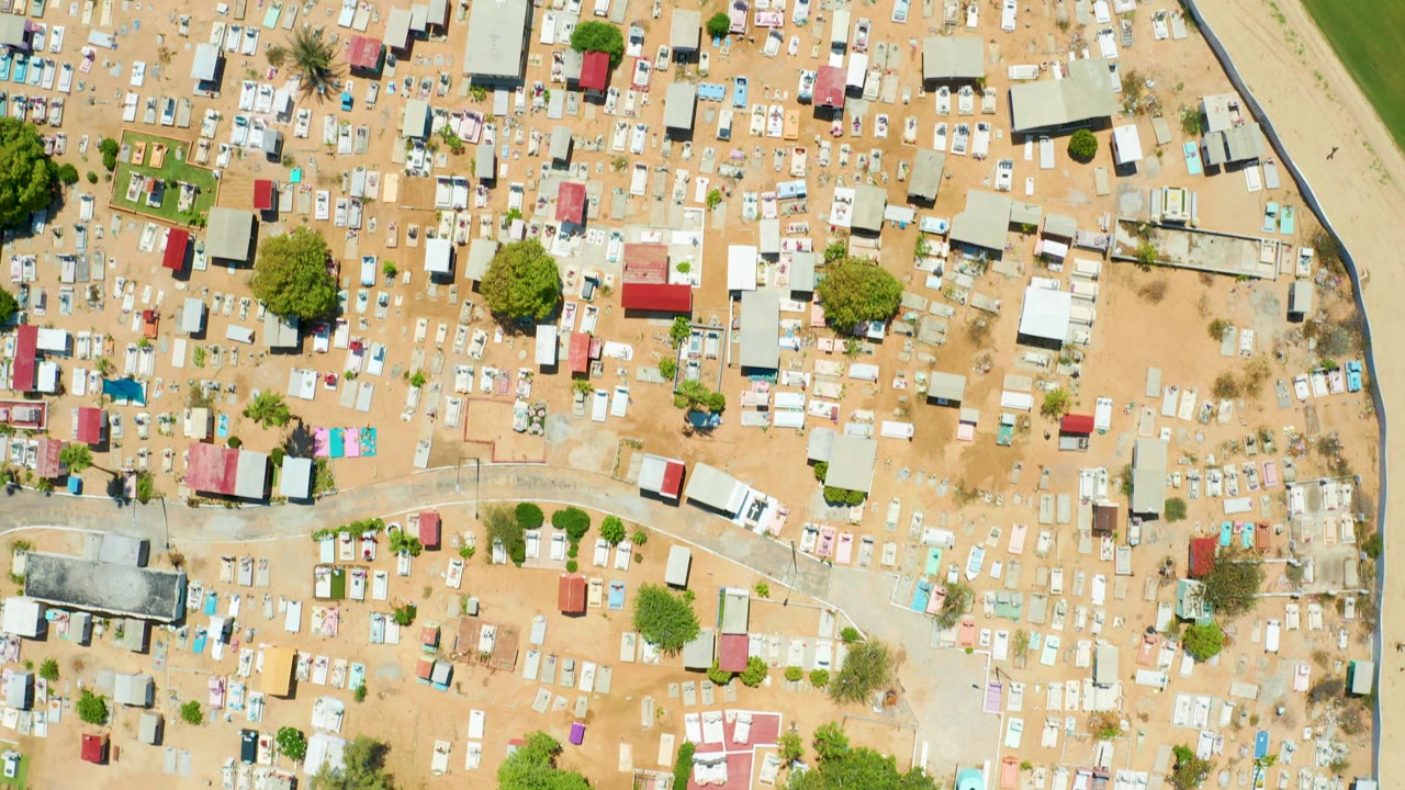 Aerial overhead view in San Jose del Cabo showing many small structures on tan ground, several green trees, a road running along the right side, and no visible people.