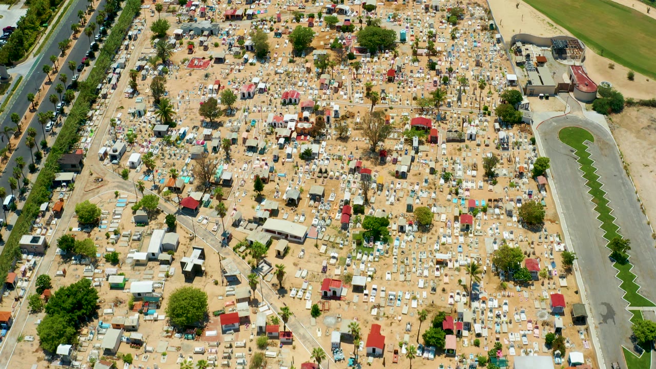 High overhead San Jose Del Cabo frame with rows of white markers, small mausoleum-like structures, dry trees, a curved road to the right, and no visible people.
