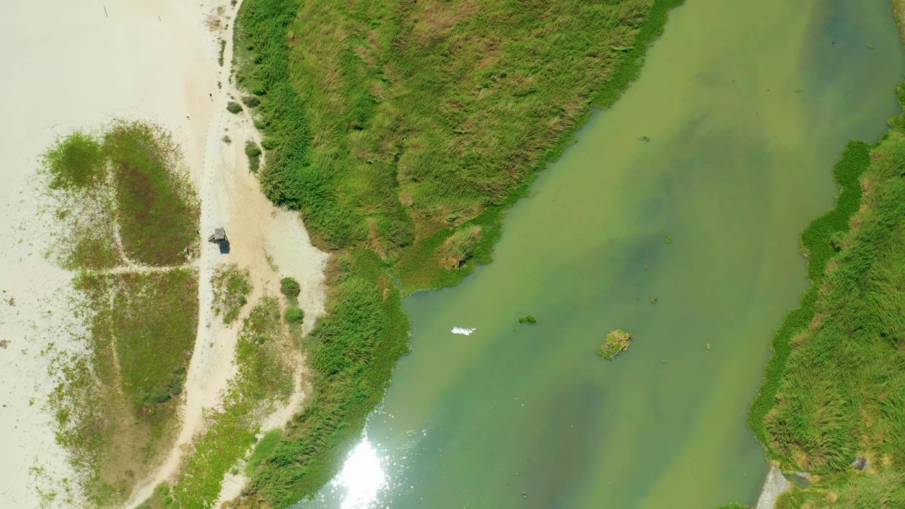 Aerial frame from San Jose Del Cabo with the small boat slightly farther across the green water, pale sand at left, dense vegetation at top, and no visible people.