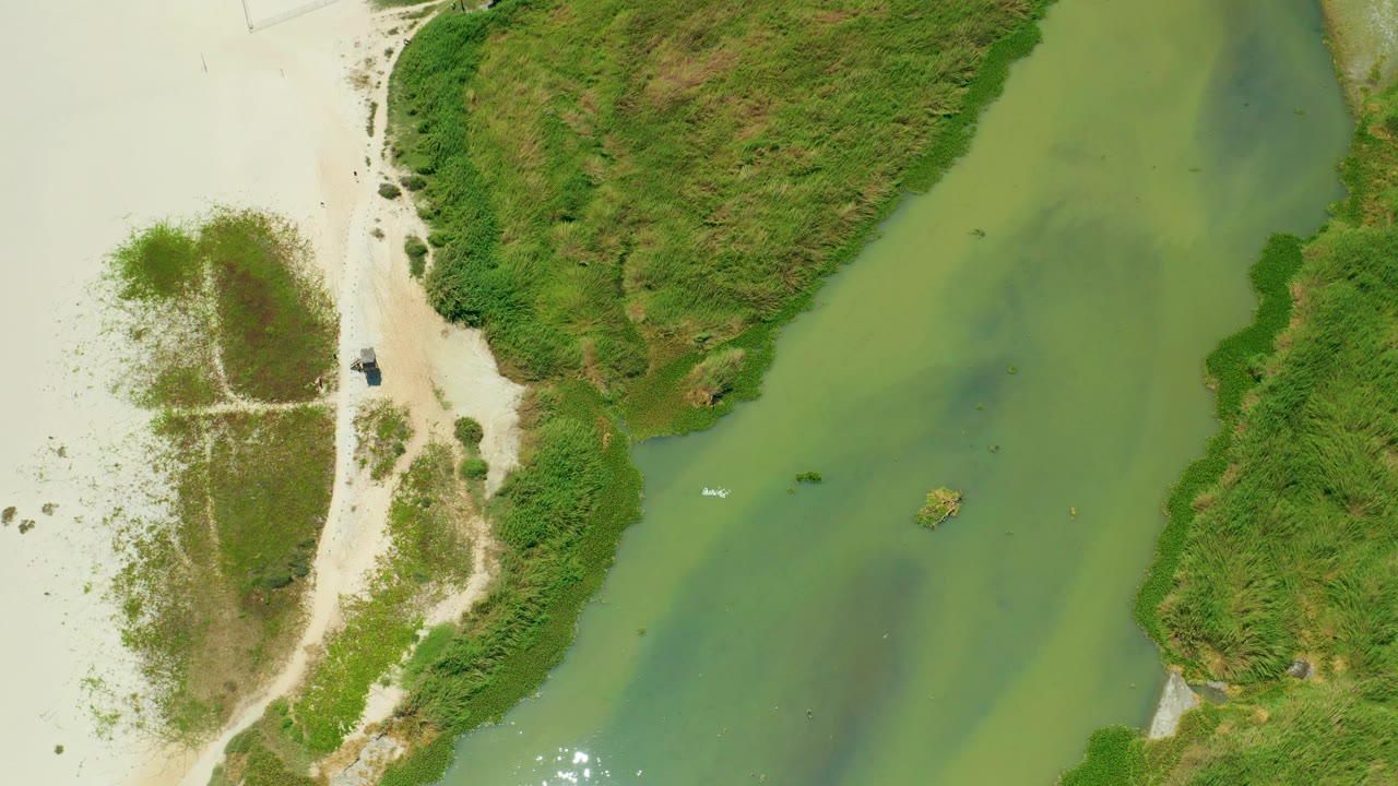 Aerial frame over San Jose Del Cabo waterway with pale sand on the left edge, green vegetation around the channel, the small white boat lower in the river, and no visible people.