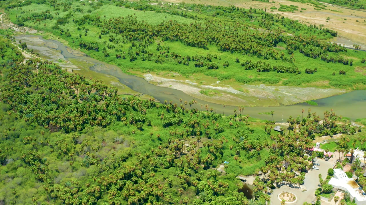 San Jose Del Cabo aerial frame showing a muddy green river, open grassy fields, dense tree cover, white structures near the lower right, and no visible people.
