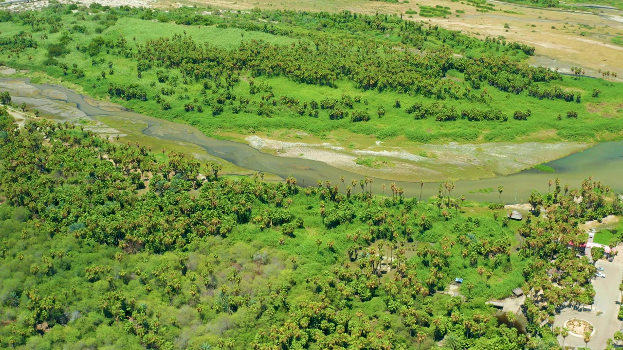 Aerial view in San Jose Del Cabo, Baja California Sur, showing a muddy river channel crossing bright green fields and dense trees, with no visible people.