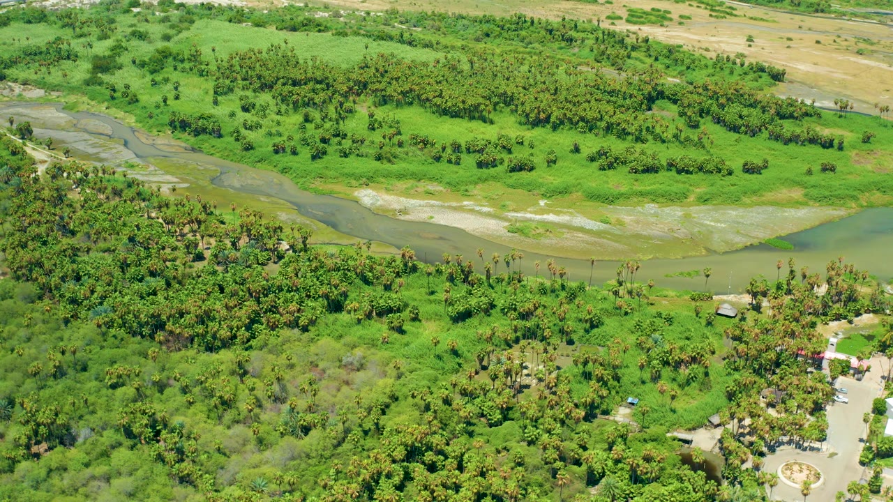 Drone-style view of a muddy river winding through green vegetation.