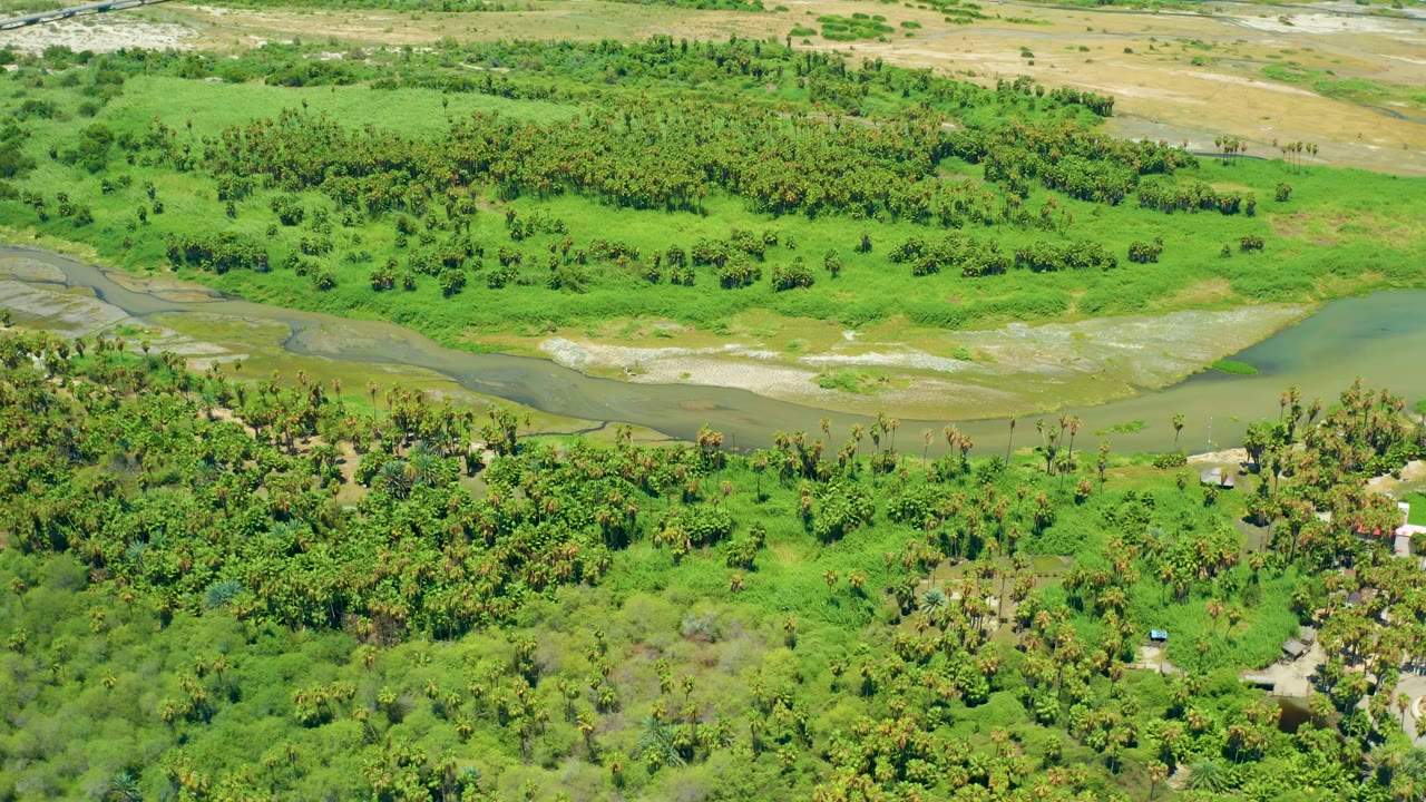 Second aerial frame in San Jose Del Cabo, Baja California Sur with the river crossing the upper middle of the image and dense trees filling the lower foreground, with no visible people.