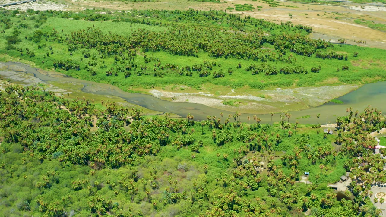 Mid-clip aerial frame from San Jose Del Cabo, Baja California Sur with the river line stretching across the upper frame and dense greenery below, with no visible people.