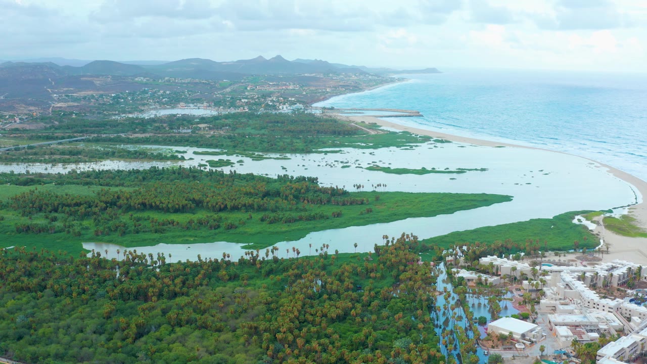 High aerial frame over San Jose Del Cabo showing dense green wetlands in the foreground, pale estuary water through the center, sandy beach and ocean to the right, distant hills, scattered buildings, and no visible people.