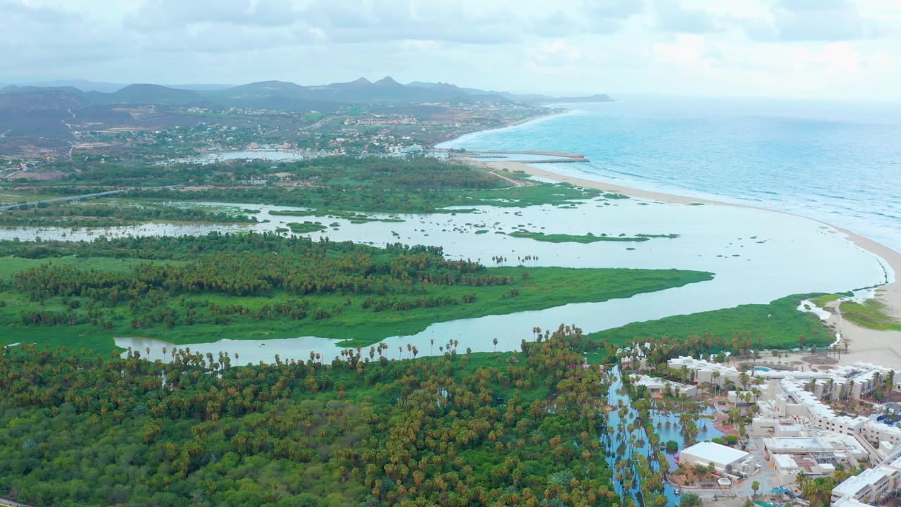San Jose Del Cabo aerial frame with wetland channels and palms across the lower half, the estuary curving toward a sandbar and blue ocean, low hills in the background, shoreline buildings, and no visible people.