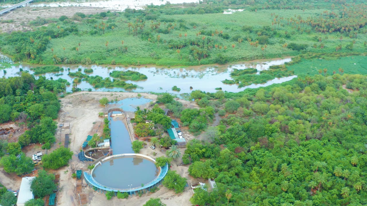 High aerial shot of treatment tanks below a river bordered by vegetation.
