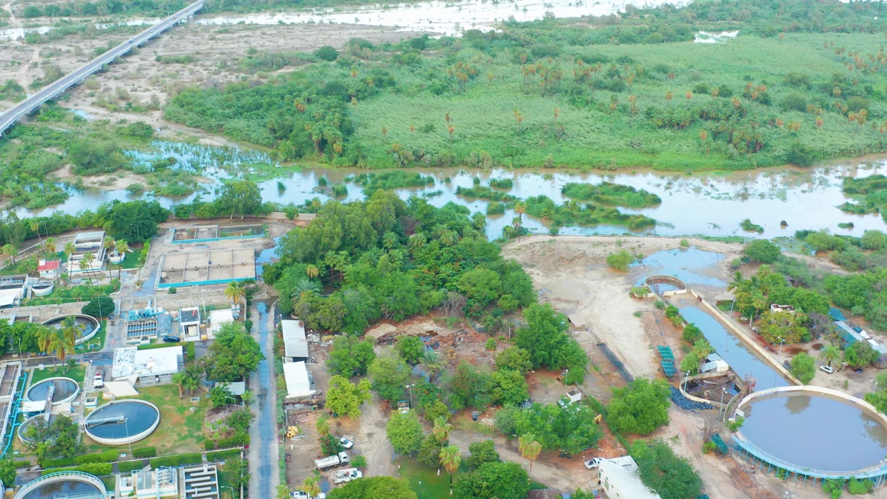 San Jose del Cabo frame looking down on rectangular basins, a curved facility road, circular tanks, a dense tree cluster, shallow river water, and no visible people.