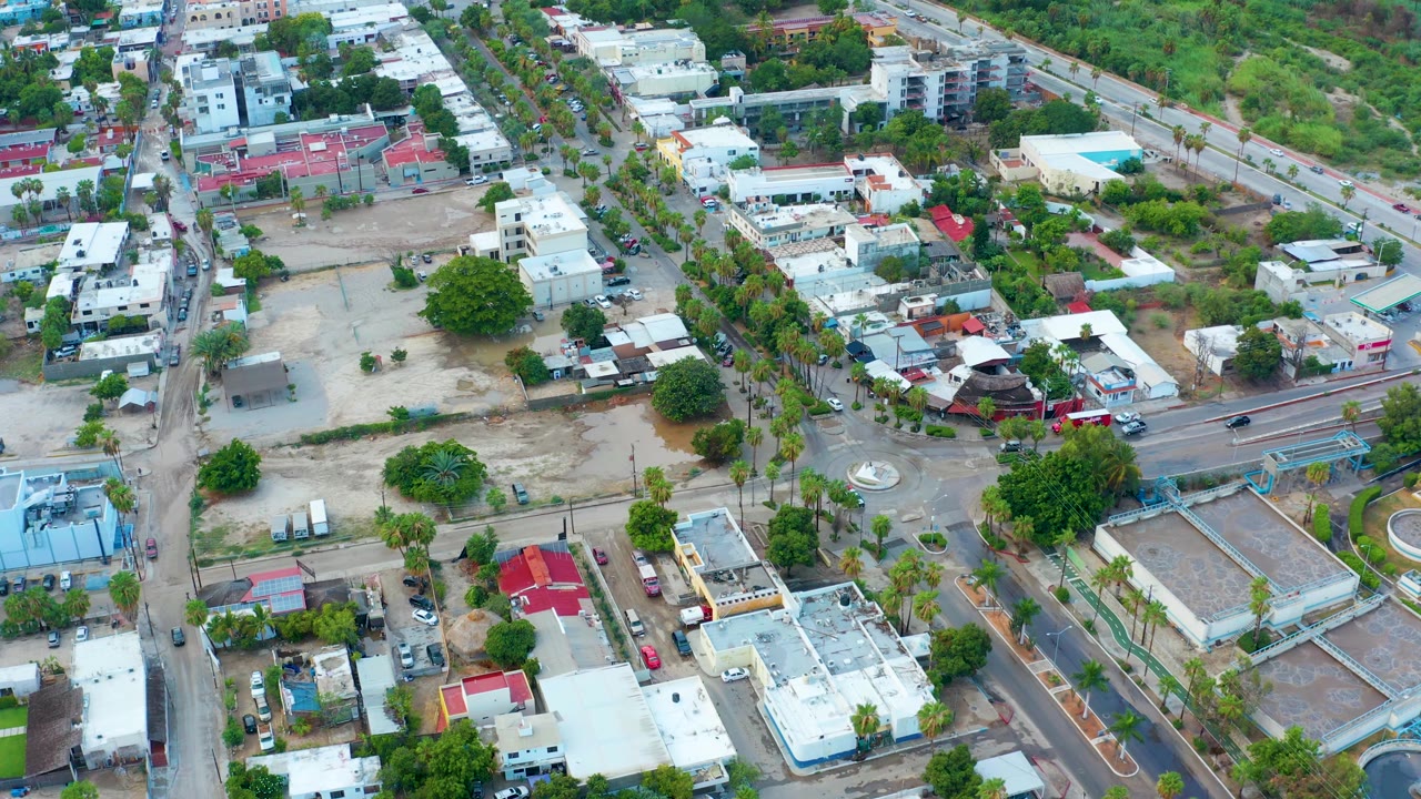 High drone view in San Jose del Cabo showing a small roundabout near residential roofs, dry open lots, palms, moving cars, and no visible people.