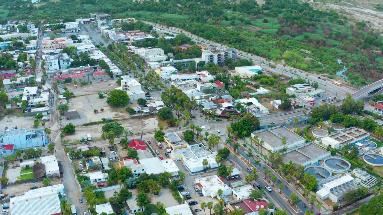 Drone view over houses, roads, cars, palm trees, and green land.