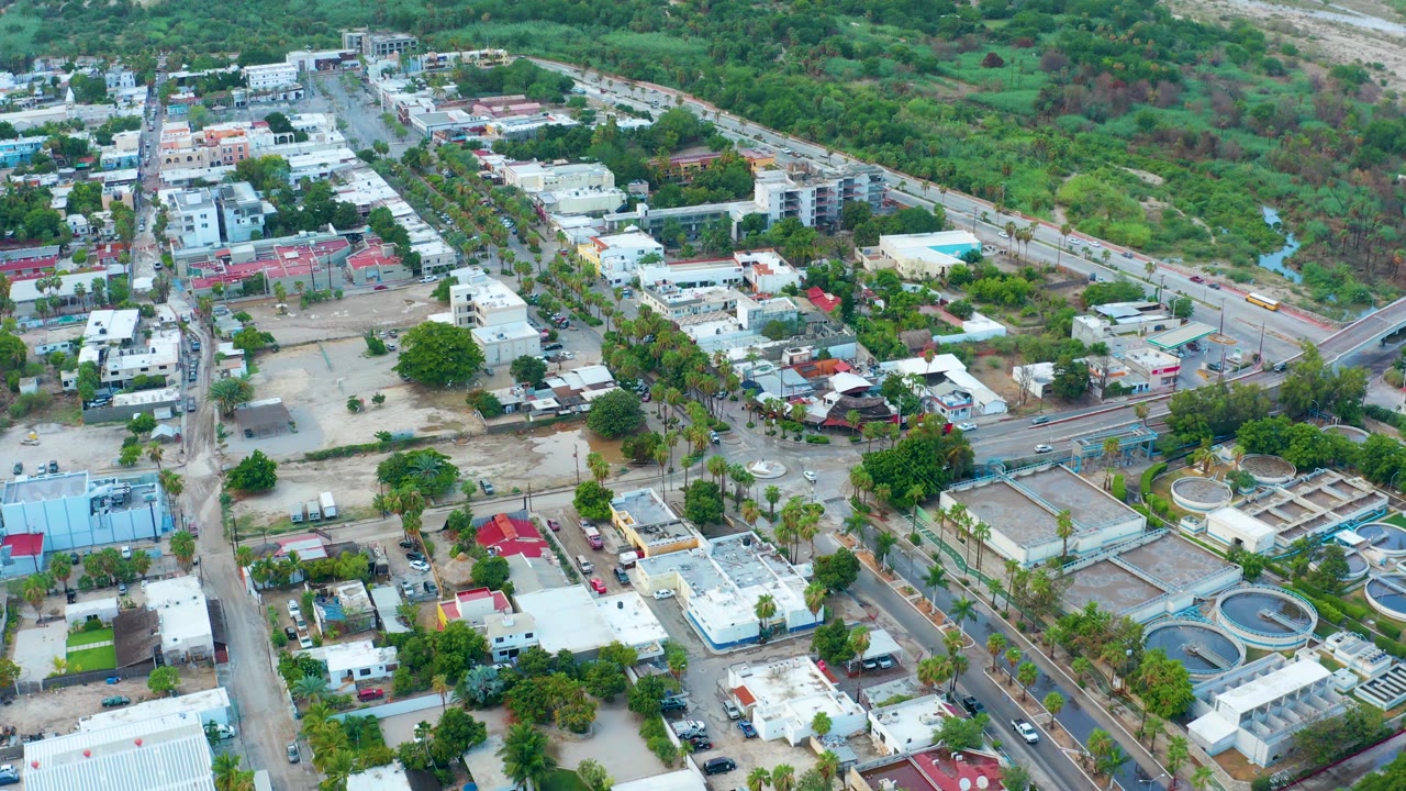 San Jose Del Cabo drone frame showing low-rise residential blocks, palm-lined streets, small vehicles on the roads, a broad green corridor in the background, and no visible people.