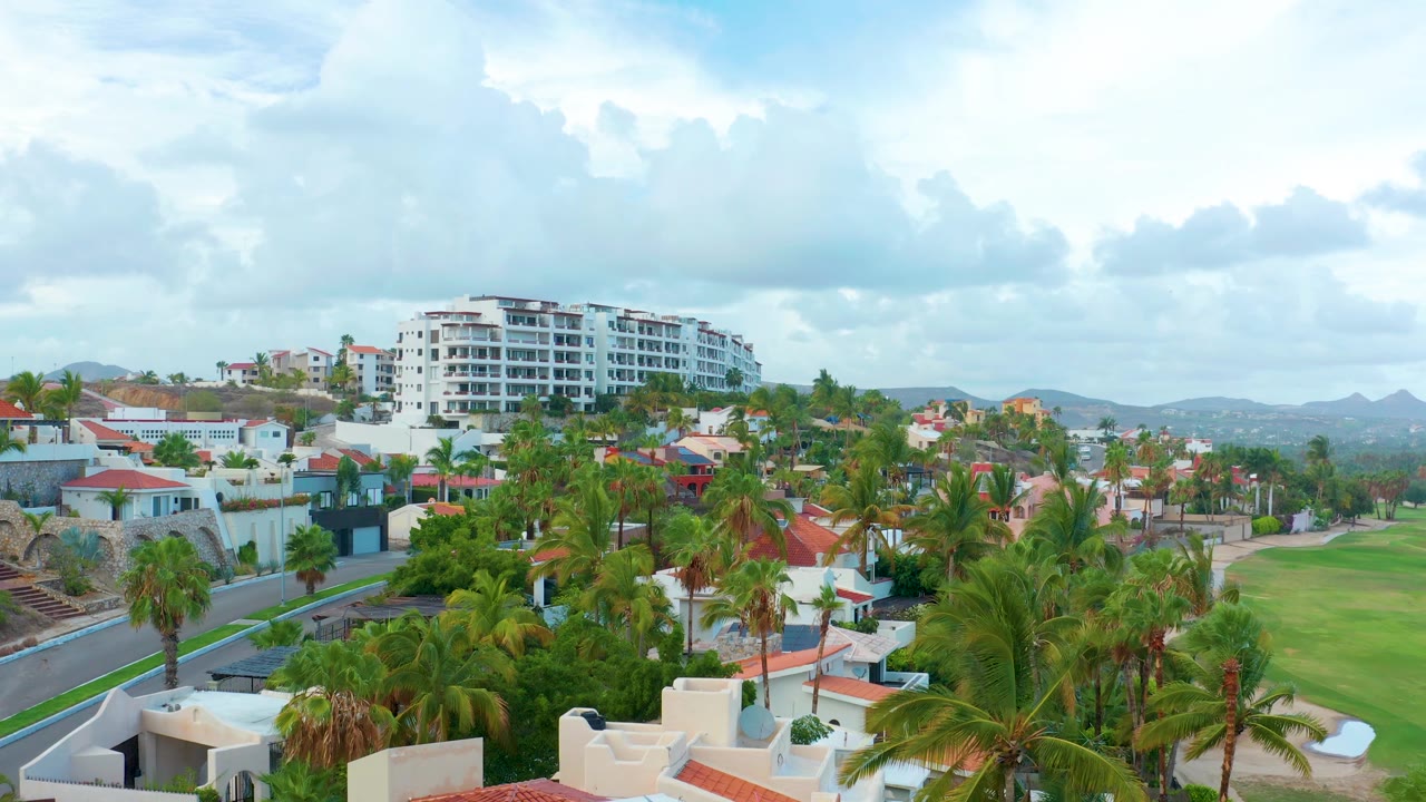 Aerial view in San Jose Del Cabo with palms and white houses in the foreground, a residential road at right, distant hills along the horizon, and no visible people.