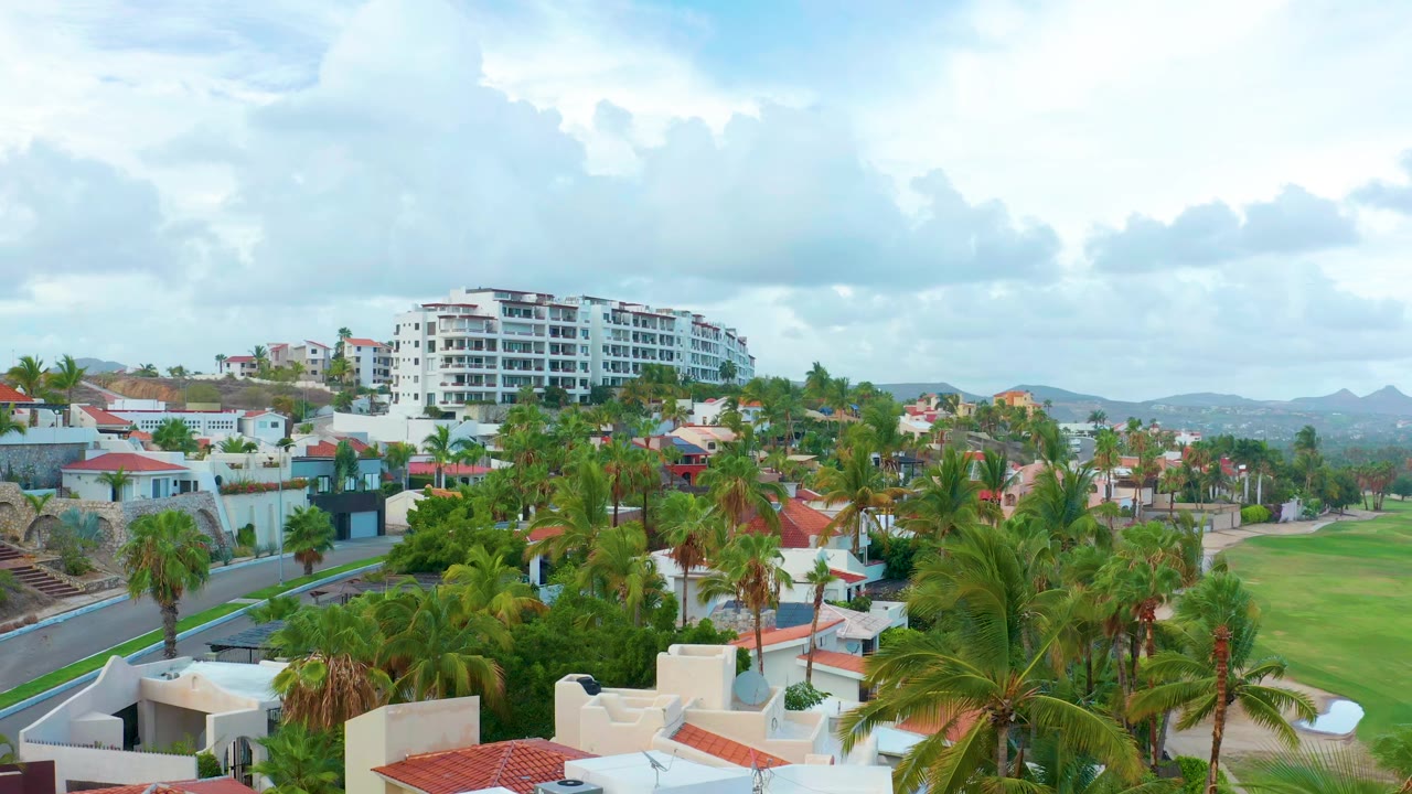 Palm-filled residential blocks with a white multi-story building and red-roofed houses.