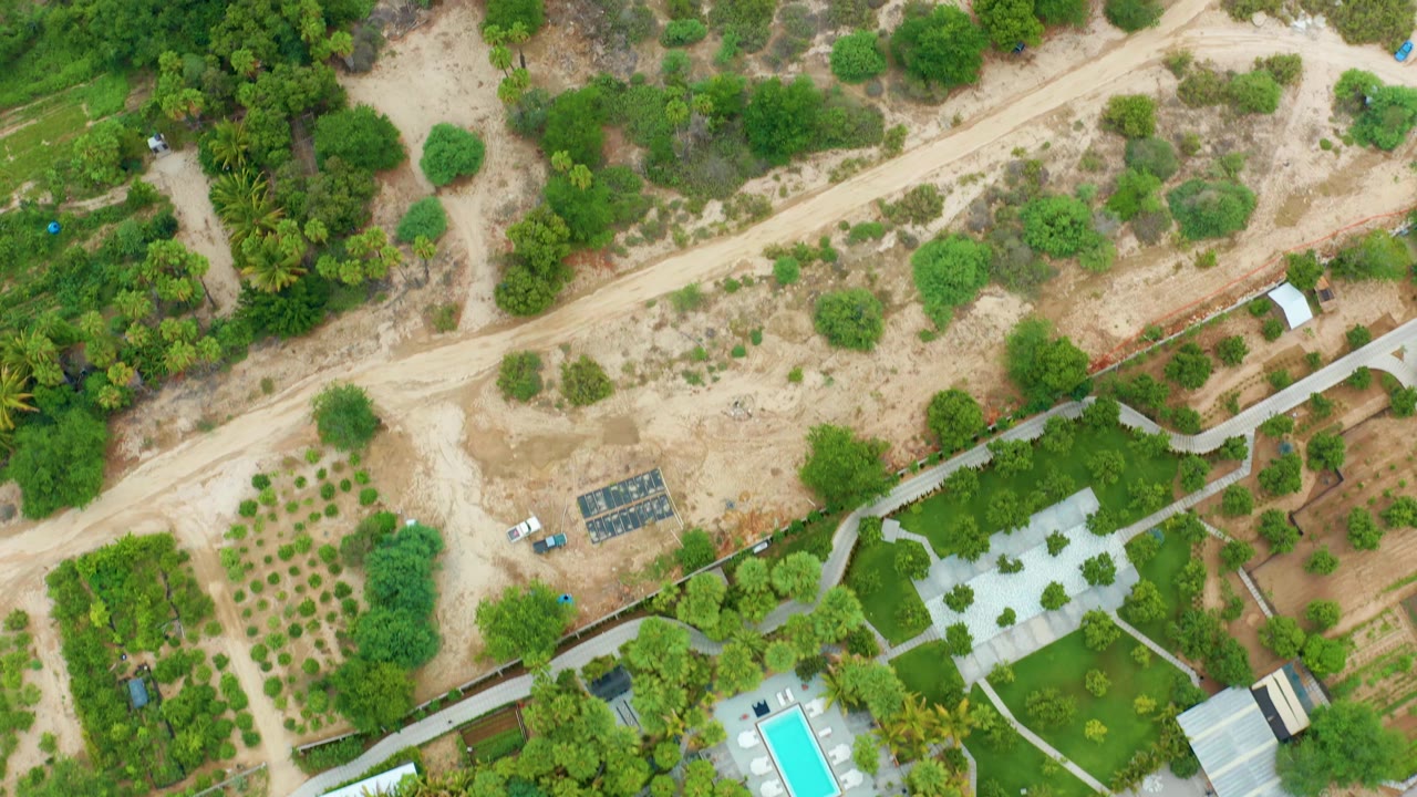 Aerial view of cleared ground, dirt road, trees, and paved garden paths.