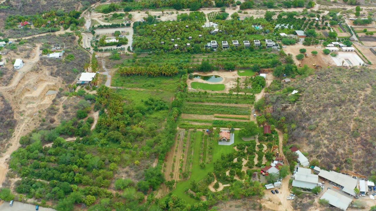 Aerial frame from La Playita Los Cabos showing the estate shifted across the frame, with tree clusters, green plots, a small pool, pale dirt roads, dry brush hills, and no visible people.