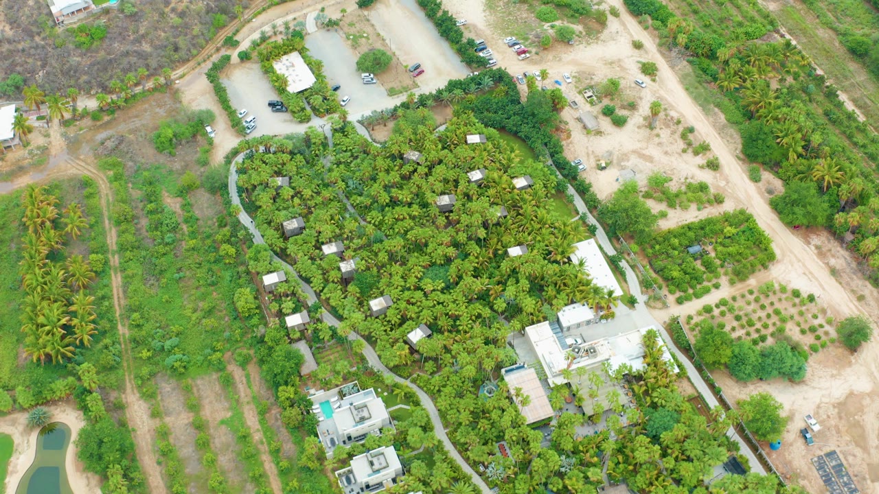 Overhead rural property with a light parking lot, vehicles, trees, fields, and small buildings.