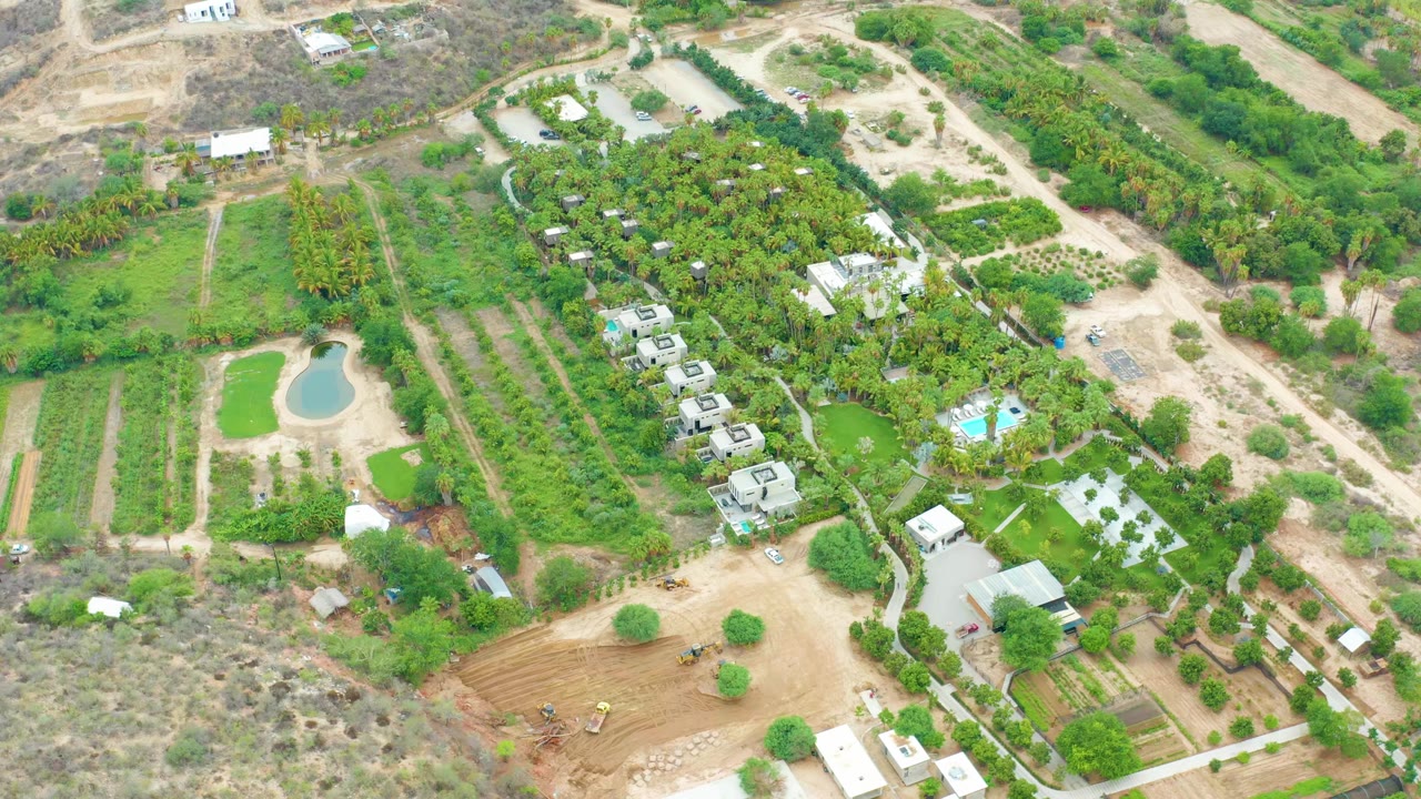 Drone view over cultivated plots, a pond, tree cover, and small buildings.