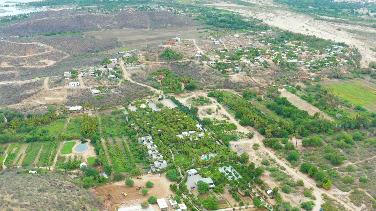 Aerial view in La Playita Los Cabos where orchard-like green rows and scattered homes sit below a wide pale dry riverbed, with no visible people.