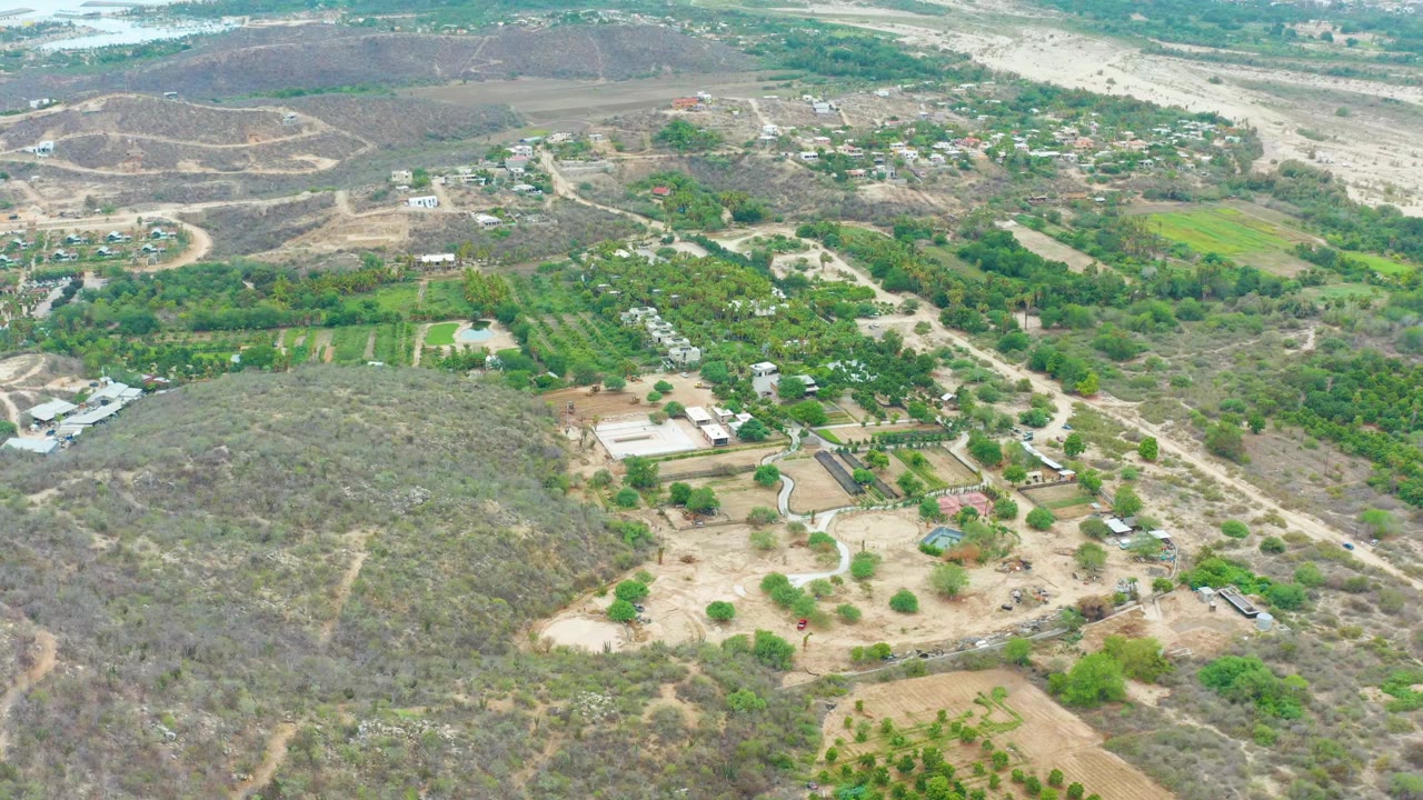 Aerial frame in La Playita Los Cabos showing rectangular green fields and tree rows beside dry brown hills, with small structures and a pale riverbed running across the upper background, no visible people.