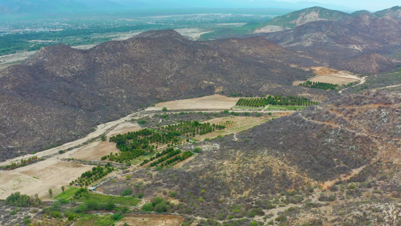 Aerial frame from La Playita Los Cabos showing dry hills around green agricultural rows, pale fields, distant mountain ridges, and no visible people.