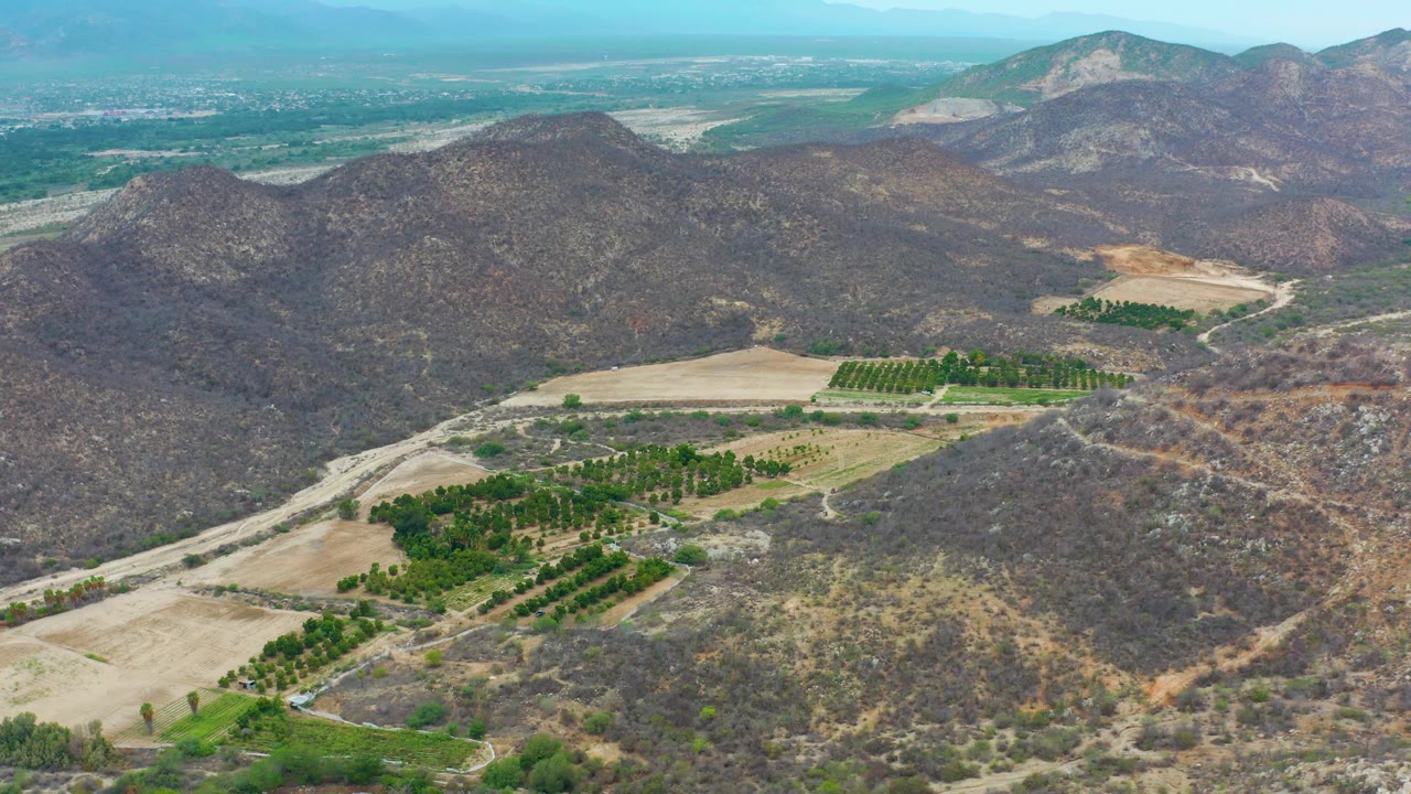 Wide aerial landscape of brown hills, pale fields, green orchards, and a hazy horizon.