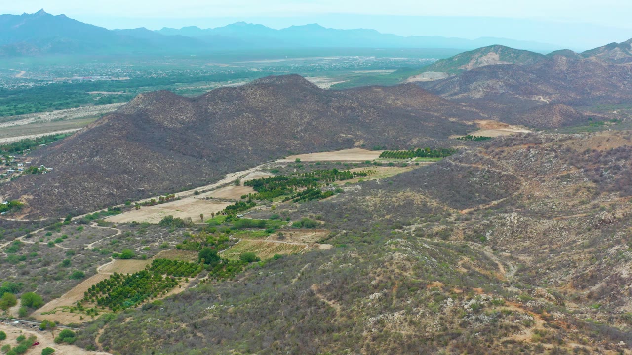 High aerial frame in La Playita Los Cabos showing brown scrub-covered hills, rectangular green crop plots, a pale valley floor, distant mountains, and no visible people.