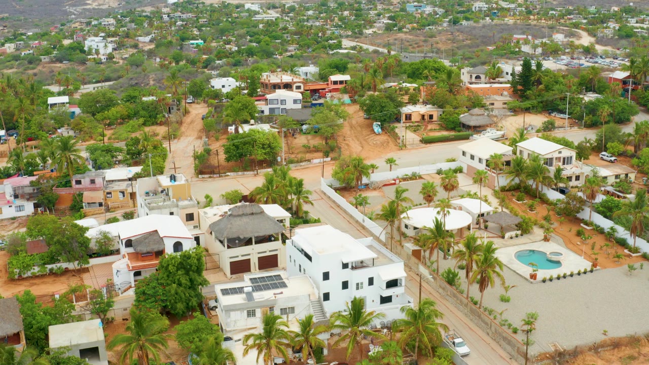 Residential aerial with white homes, palm trees, a road, and a pool beside a walled lot.