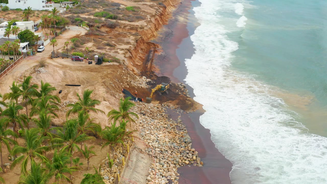 High aerial view of cliff erosion and surf next to palms.