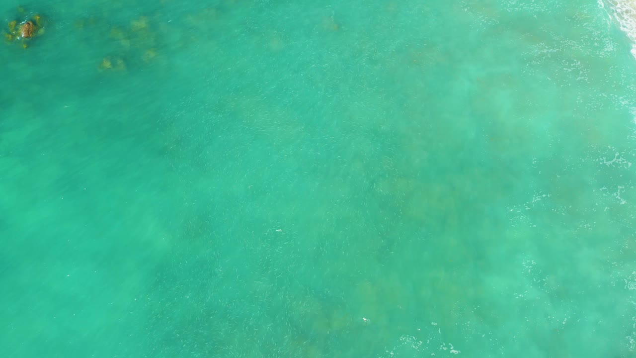 Aerial view over clear turquoise water at El Tule Beach, Los Cabos, with a small swimmer near the upper left and darker seabed patches below.