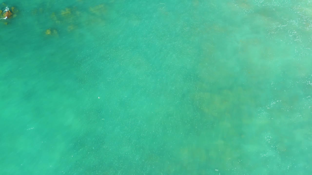 Aerial view at El Tule Beach, Los Cabos, with a tiny swimmer near the upper edge and pale green-blue water revealing irregular darker seabed areas.