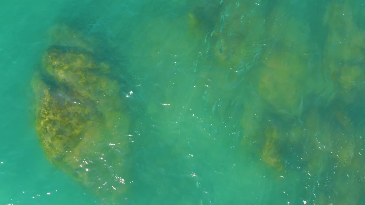 Midway through the clip, El Tule Beach water covers a broad algae-tinted rock formation on the left and diffuse green shapes on the right, with no visible people.
