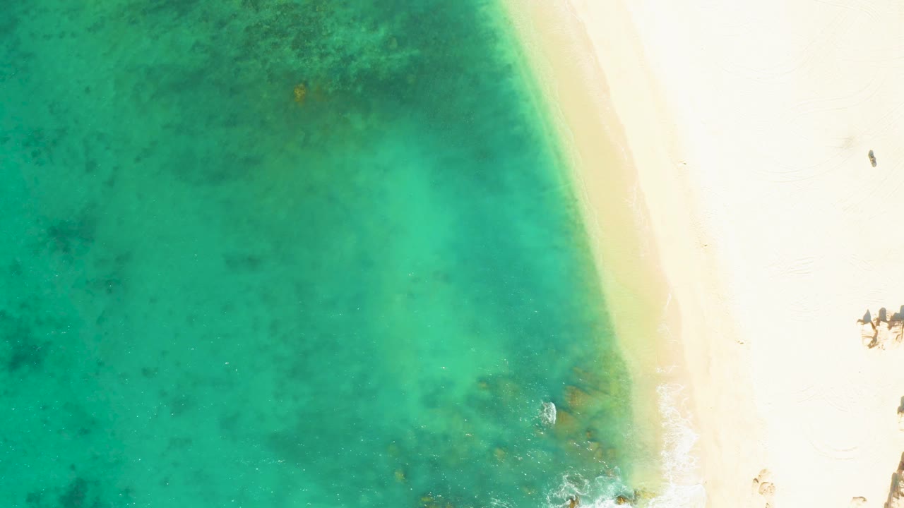 Overhead frame from El Tule Beach Los Cabos showing turquoise water on the left, pale sand on the right, a thin foam edge near the lower shore, and no visible people.