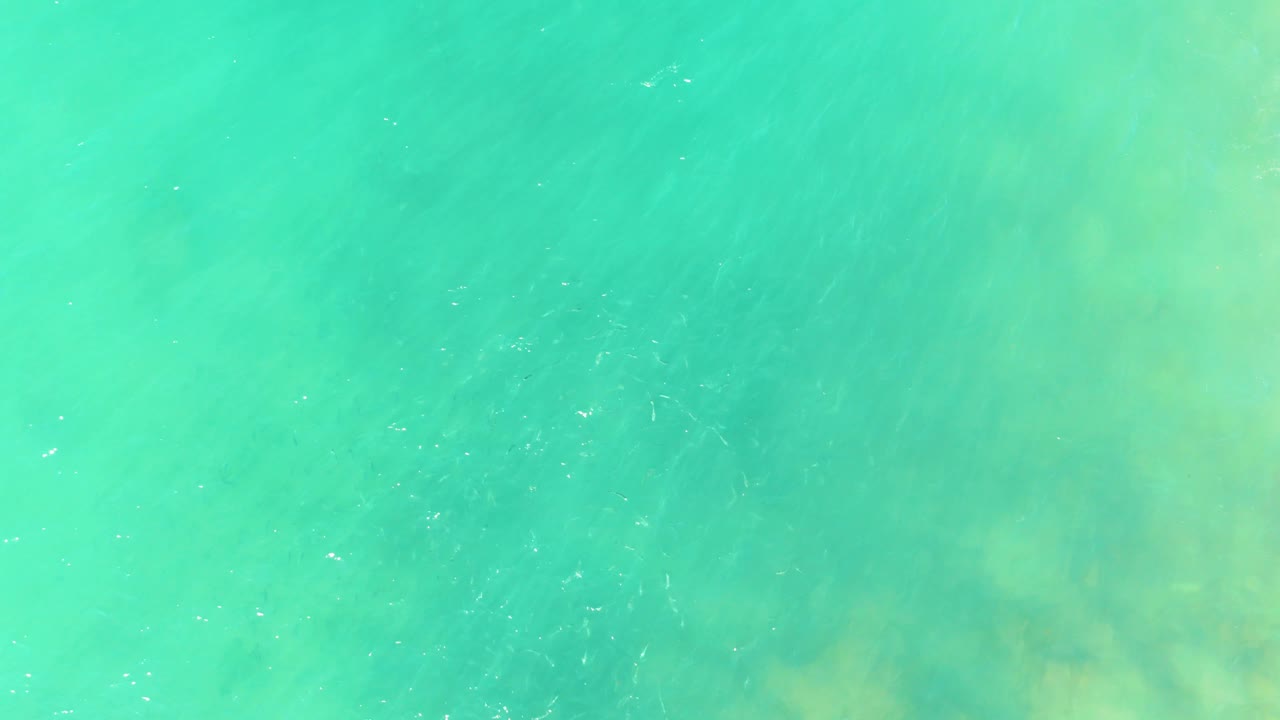 Turquoise ocean water at El Tule Beach in Los Cabos has light surface texture, small bright reflections, and indistinct seabed color below, with no visible people.
