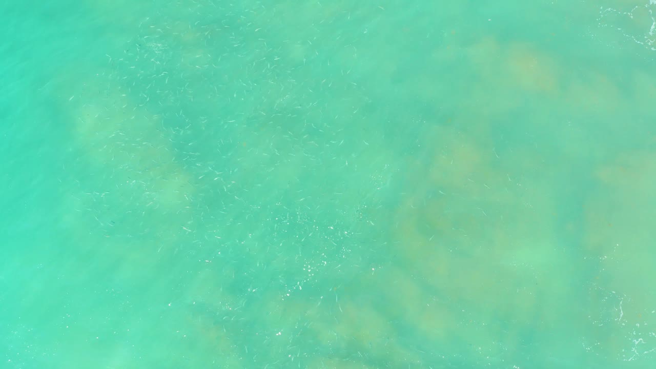 Overhead frame of turquoise water at El Tule Beach in Los Cabos, with a larger muted underwater patch below the rippled surface and no visible people.